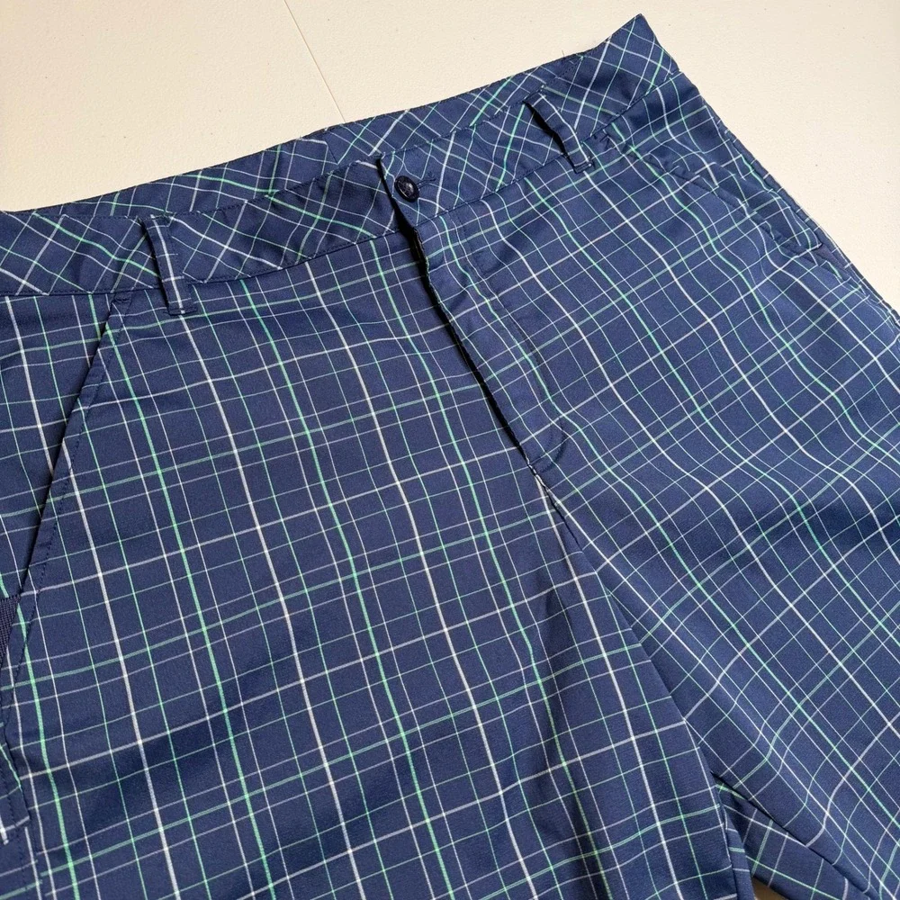 Fila Sport Golf Shorts Mens‎ 36 Navy Blue Green Plaid Performance Flat Front